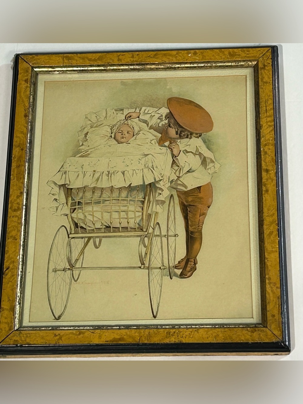 Maude Humphrey Lithograph Print Framed Boy Looking Into Baby Carriage Antique